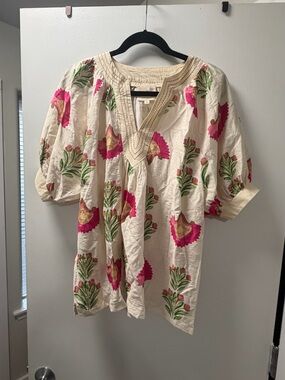 Umgee Cream Tunic with Pink & Green Floral Embroidery